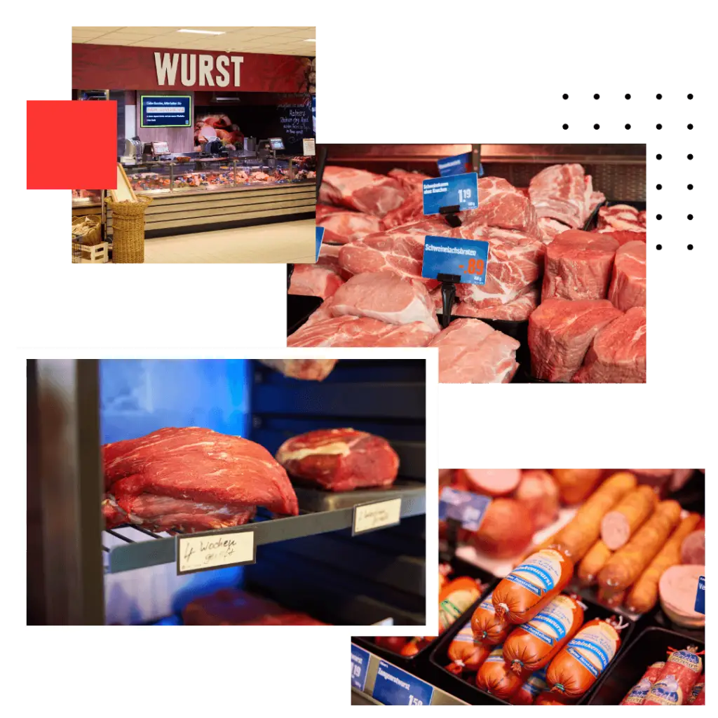 Wurst- und Fleischtheke im Supermarkt mit frischen Fleischst&uuml;cken, Schweinefleisch und verschiedenen W&uuml;rstchen