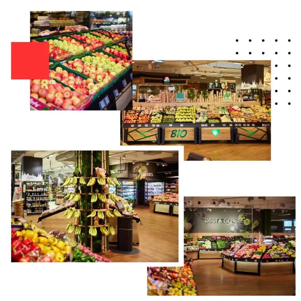 Helle Supermarkt-Obst- und Gem&uuml;seabteilung mit Bio-Sortiment, &Auml;pfeln, Bananen und frischem Angebot