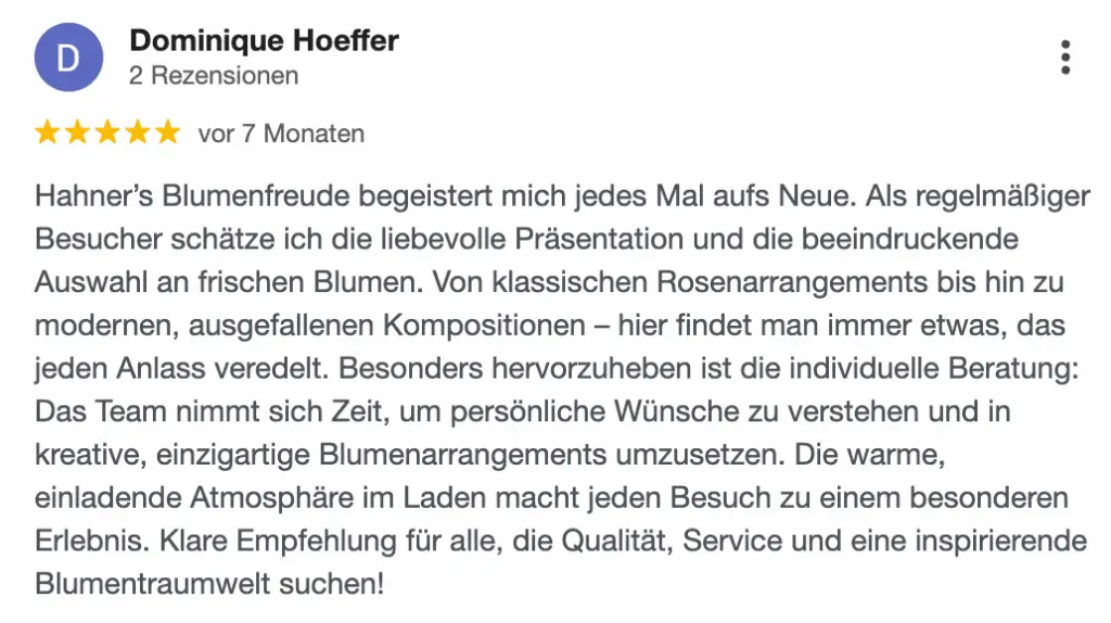 Screenshot einer 5-Sterne-Kundenbewertung f&uuml;r Hahner&rsquo;s Blumenfreude: lobt Pr&auml;sentation, Beratung und frische Blumen
