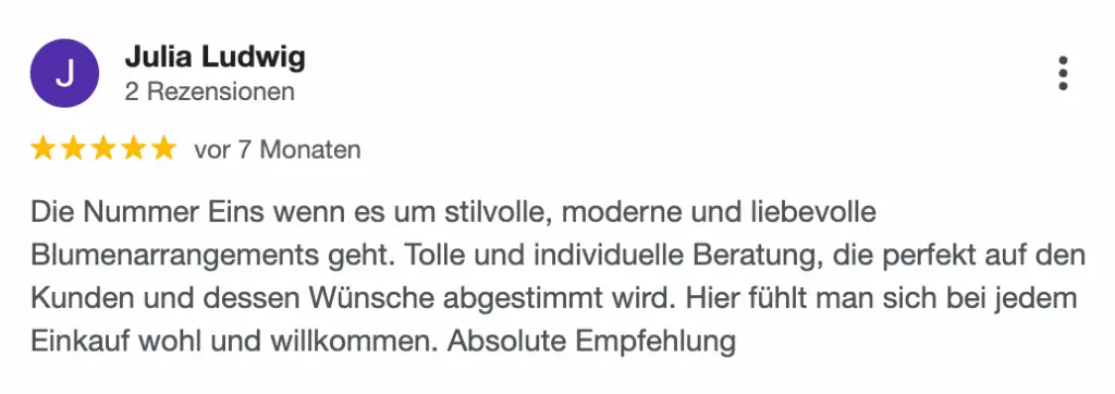 Screenshot einer 5‑Sterne‑Kundenbewertung f&uuml;r Blumenladen: stilvolle, moderne Blumenarrangements und individuelle Beratung